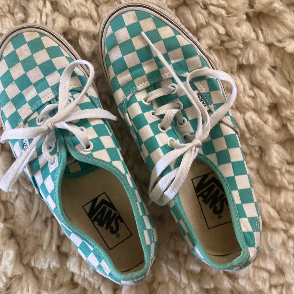 Vans Teal and White Checkerboard Low-Top Sneakers